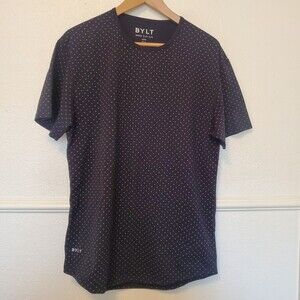 BYLT Drop Cut Lux Performance‎ Shirt Mens Large SS Crew Neck Black Gray Dots